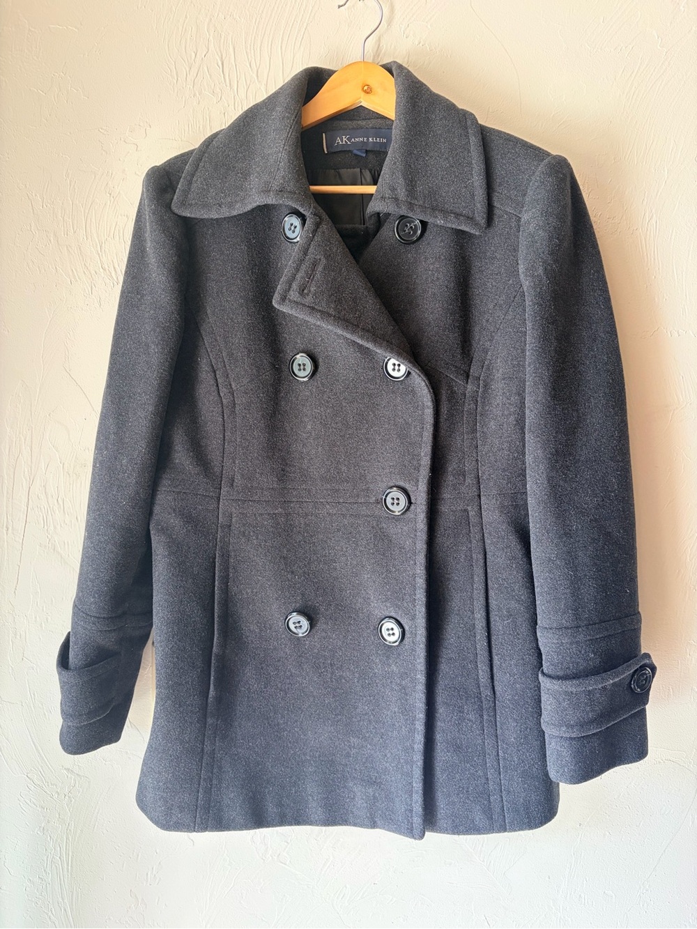 Anne Klein Charcoal Wool Blend Peacoat Classic Old Money Minimalist Outerwear S